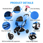 BETSOCCI Pet Stroller for Medium Small Dog & Cat, Foldable Lightweight Dog Stroller with Storage Basket Pet Travel Carriage with Safety Leashes, 4 Wheel, Blue