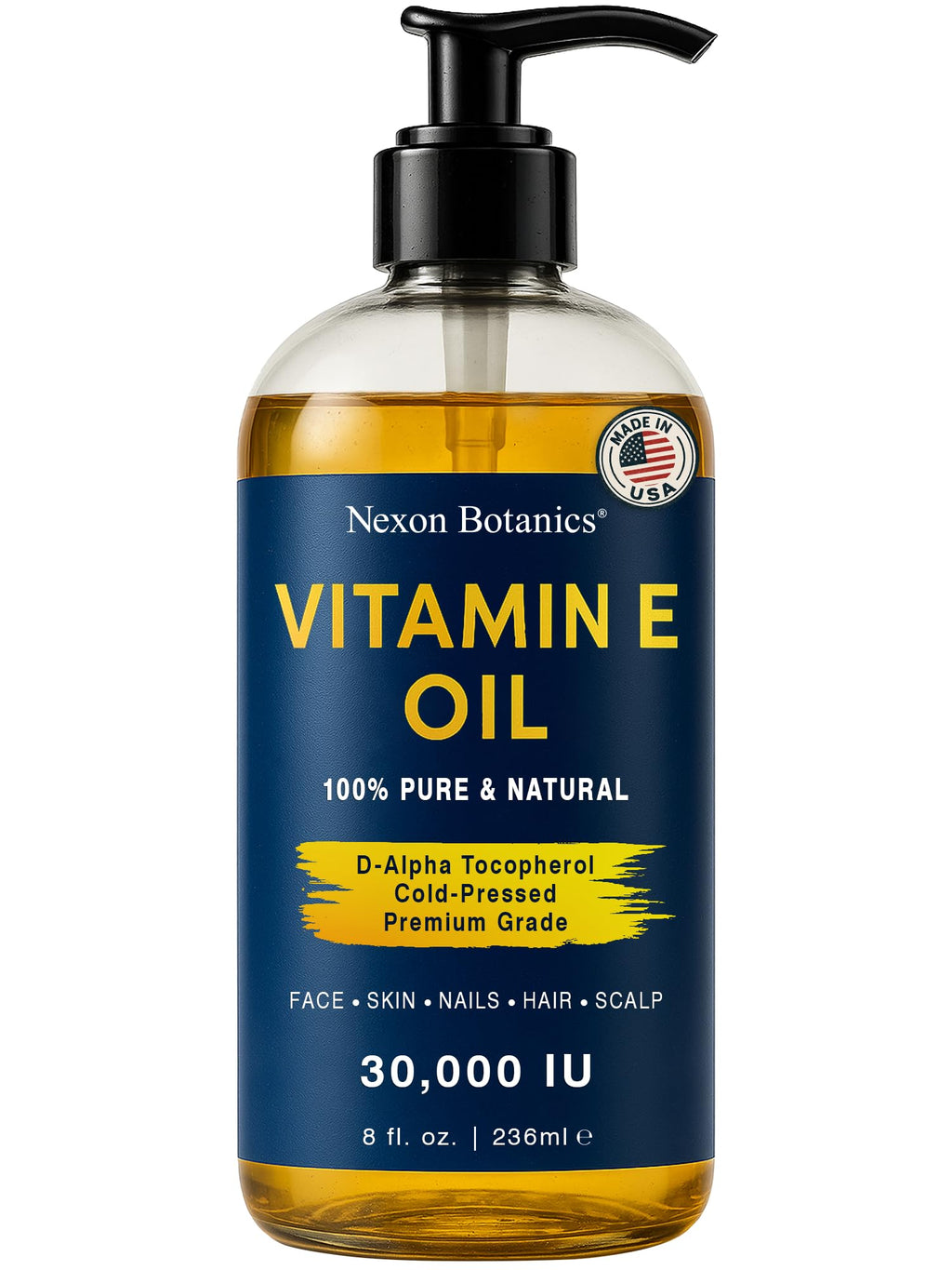 Pure Vitamin E Oil 30,000 IU, 8 fl oz - Cold-Pressed, Hexane Free, Natural Moisturizer for Skin & Face - Supports Scar & Stretch Mark Care by Nexon Botanics