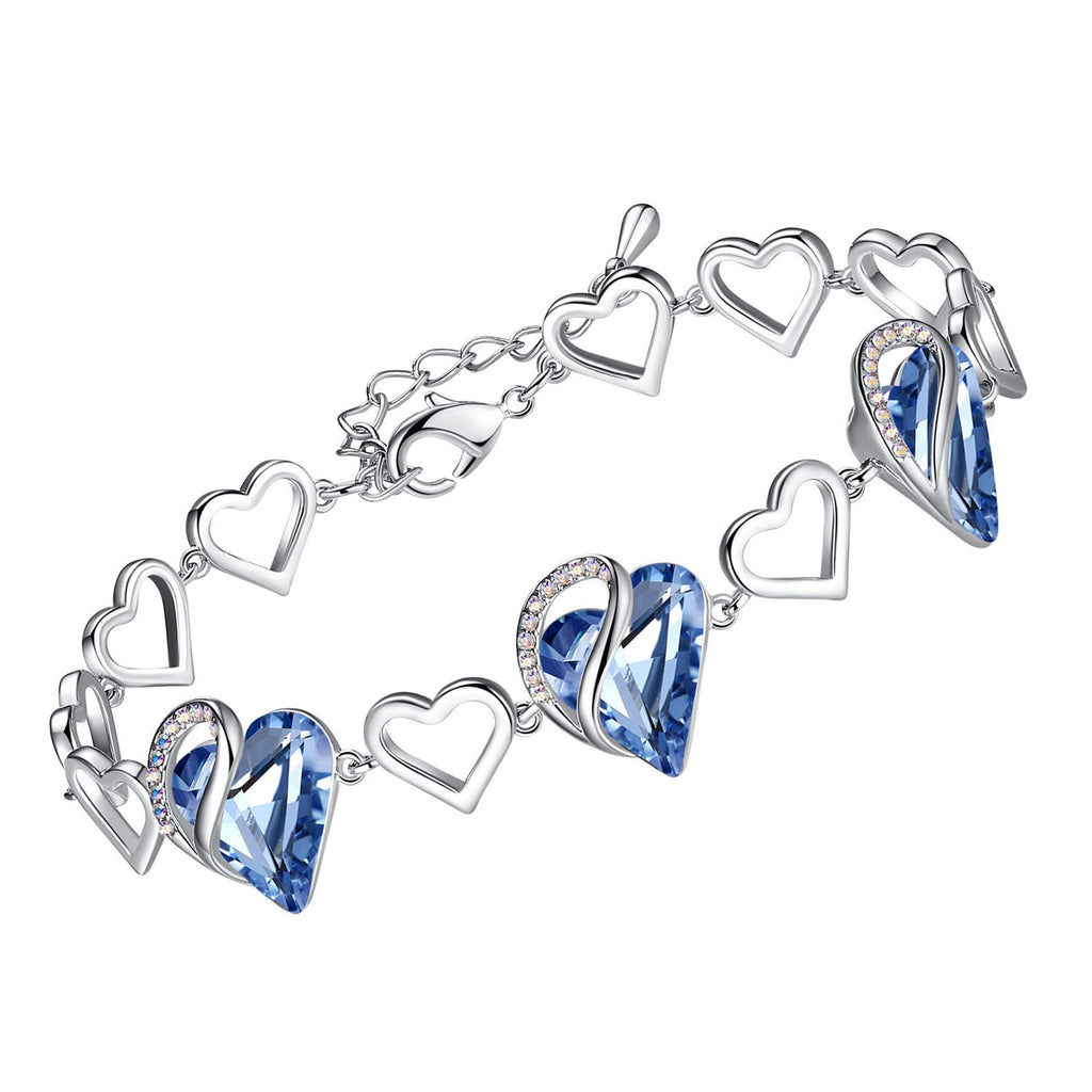 Leafael Infinity Love Heart Gift Bracelet for Women, March & December Birthstone Crystal, Light Sapphire Blue, Silver Tone Birthday Jewelry for Her, Mom, and Wife, 7-inch Chain and 2-inch Extender