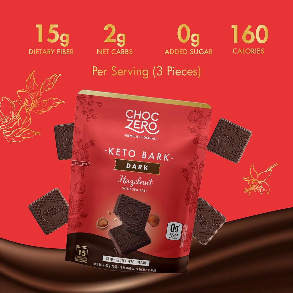 ChocZero Keto Bark, Dark Chocolate Hazelnut with Sea Salt, Sugar Free, Low Carb, No Sugar Alcohols, No Artificial Sweeteners, All Natural, Non-GMO, 6 Ounce (Pack of 2)