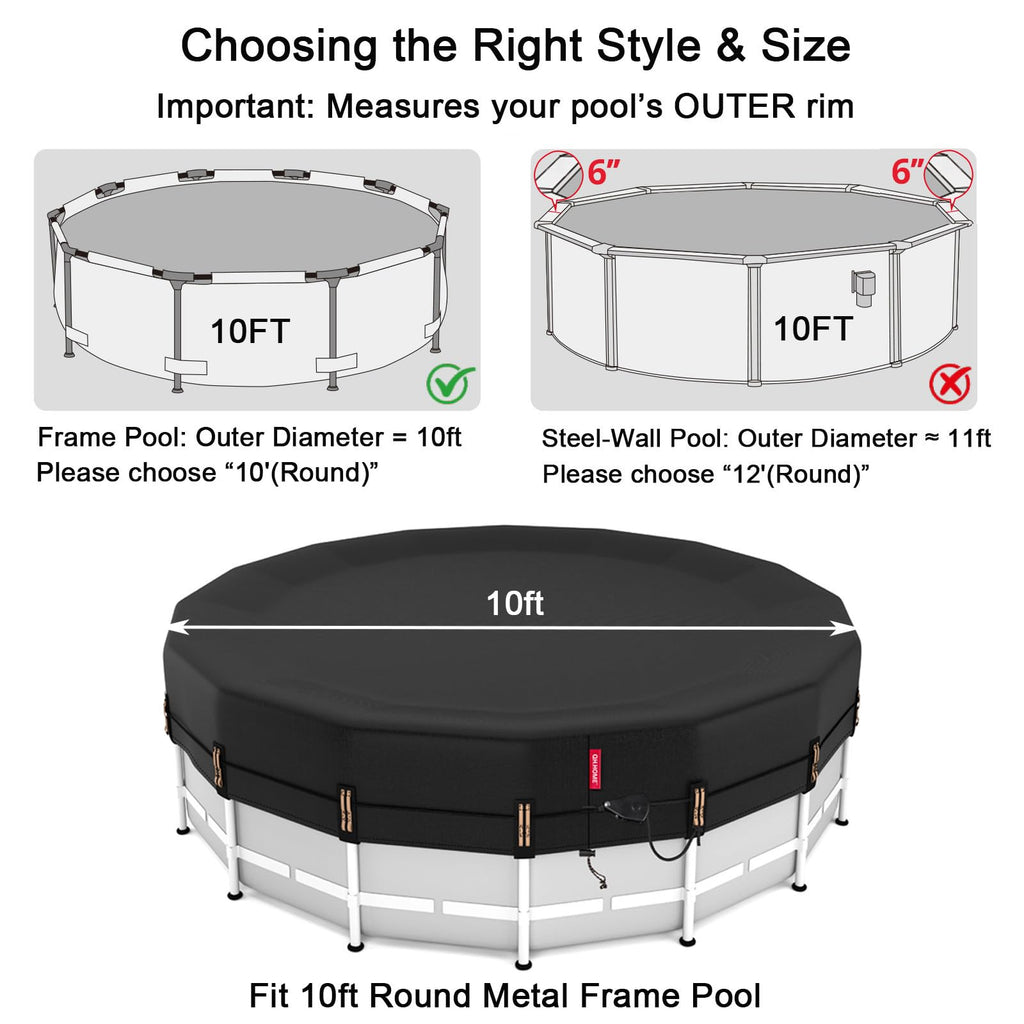 QH.HOME 10 ft Round Pool Cover,Solar Cover for Above Ground Pools - Black Oxford Fabric Heats Water, Blocks Leaves & Sun, Windproof Snug Fit with Patented Ratchet & Weight Rings