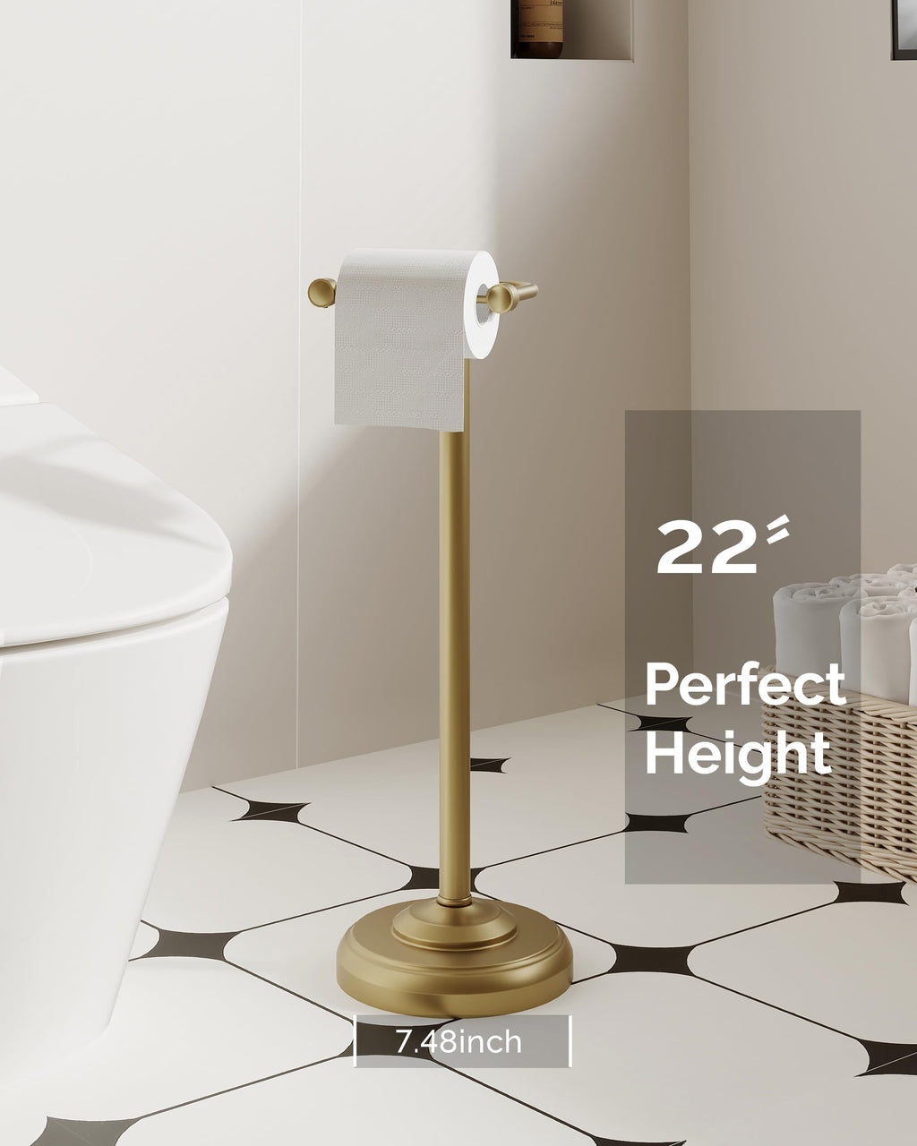WZKALY Toilet Paper Holder Stand, Brushed Brass Toilet Paper Holder Free Standing, Post Pivoting Design & Stable Weighted Base SUS304 Stainless Steel for Bathroom(Mega Roll)