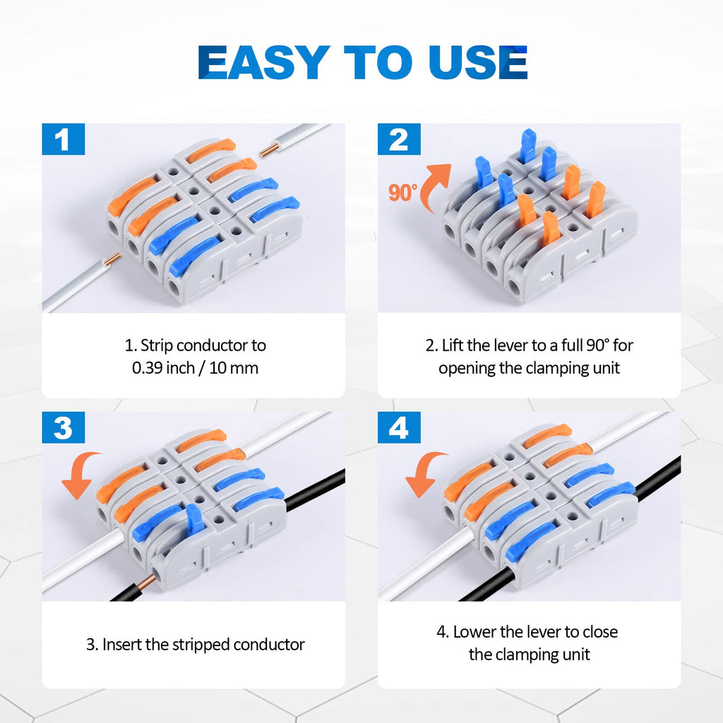 Lever Wire Connectors, HTCELLE 15-Piece Quick Connect Electrical Splicing Kit for Compact Inline Terminals - 28-12 AWG, 1 in 1 Out (Blue, 15)