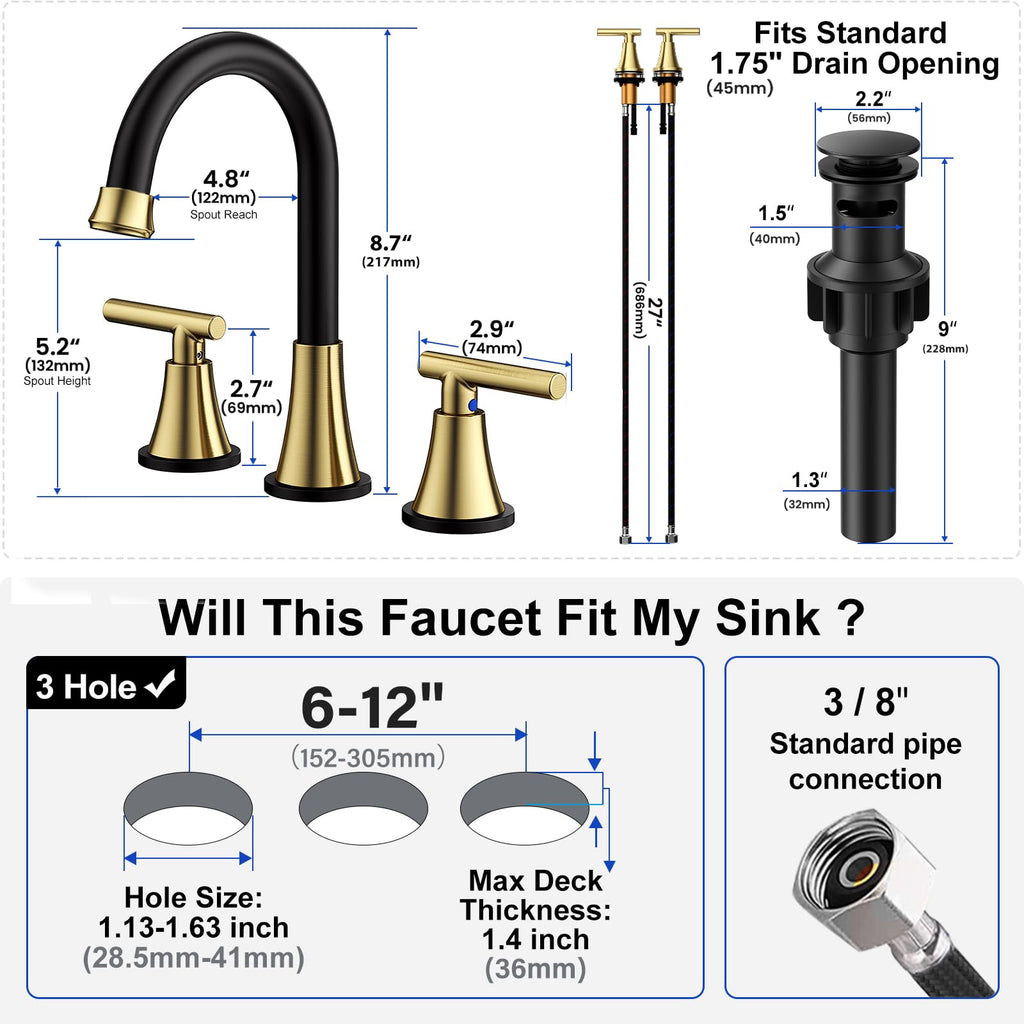 Bathroom Faucets for Sink 3 Hole, Hurran Black& Gold Bathroom Sink Faucet with Pop-up Drain and Supply Lines, Stainless Steel Lead-Free Widespread Faucet for Vanity RV, 2 Pack