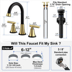 Bathroom Faucets for Sink 3 Hole, Hurran Black& Gold Bathroom Sink Faucet with Pop-up Drain and Supply Lines, Stainless Steel Lead-Free Widespread Faucet for Vanity RV, 2 Pack