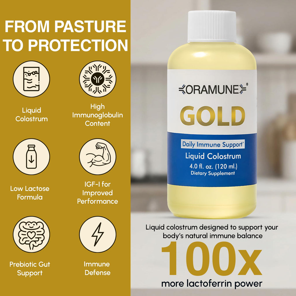 Oramune Gold Immune Support Supplement with Pure Colostrum Gold Liquid Bovine Colostrum – Rich in Lactoferrin, Insulin-Like Growth Factor-I (IGF-I) for Immune Strength– 4 fl oz