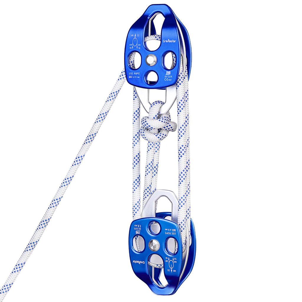 Double Block and Tackle Pulley System with 250Ft x 2/5'' Rope Pulley 6700 LB(30KN) Breaking Strength, 4:1 Lifting Power Sheave Pulley Hoist System for Garage, Attic Heavy Lifting