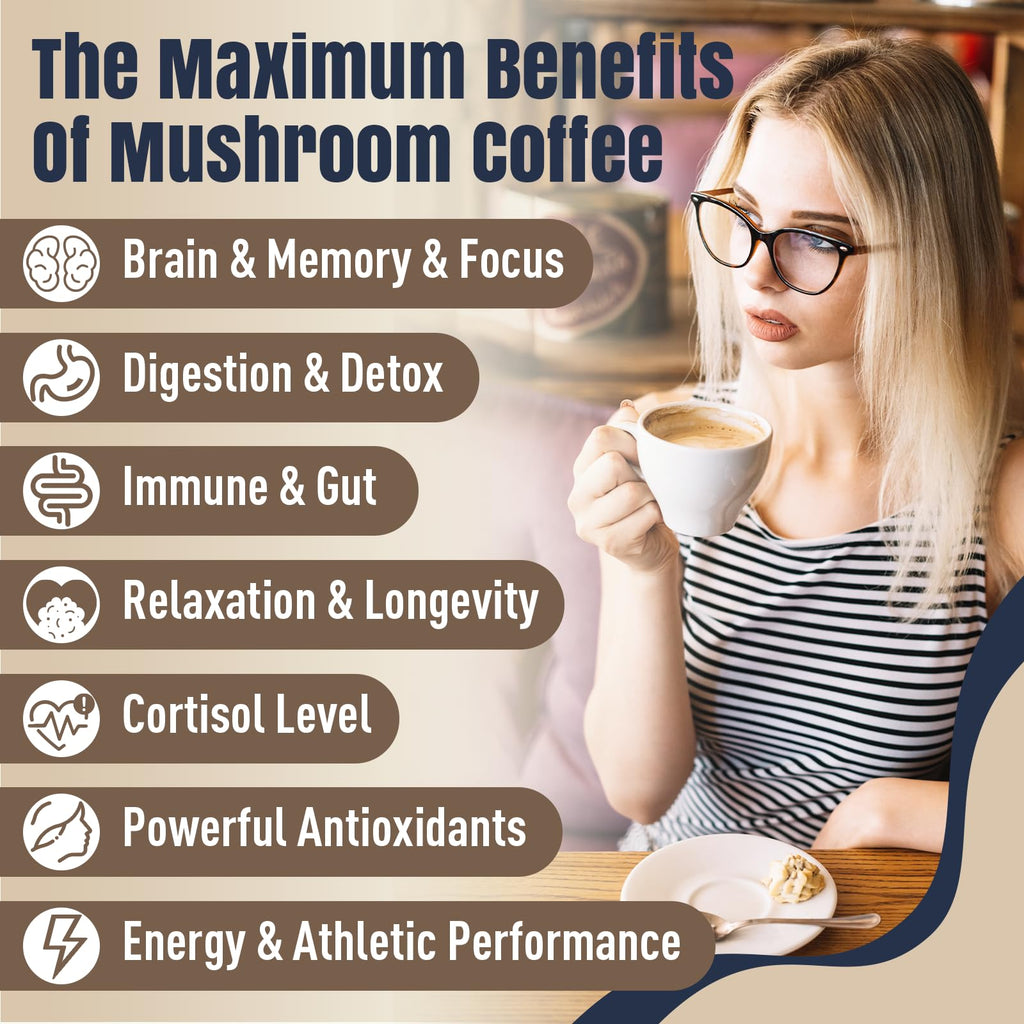 Mushroom Coffee, 11 Superfood Mushrooms includes Lion's Mane, Reishi, Chaga & Ashwagandha, Instant Mushroom Coffee Organic for Energy, Memory, Digestion & Detox, Low Caffeine & Sugar Free, 5.3oz