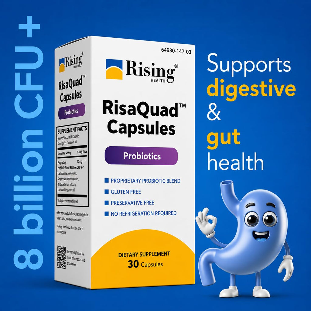 Rising Health RisaQuad™ Probiotic Capsules – 40 mg (8 Billion CFU+) Proprietary Probiotic Blend for Daily Digestive & Gut Health Support, 30 Capsules