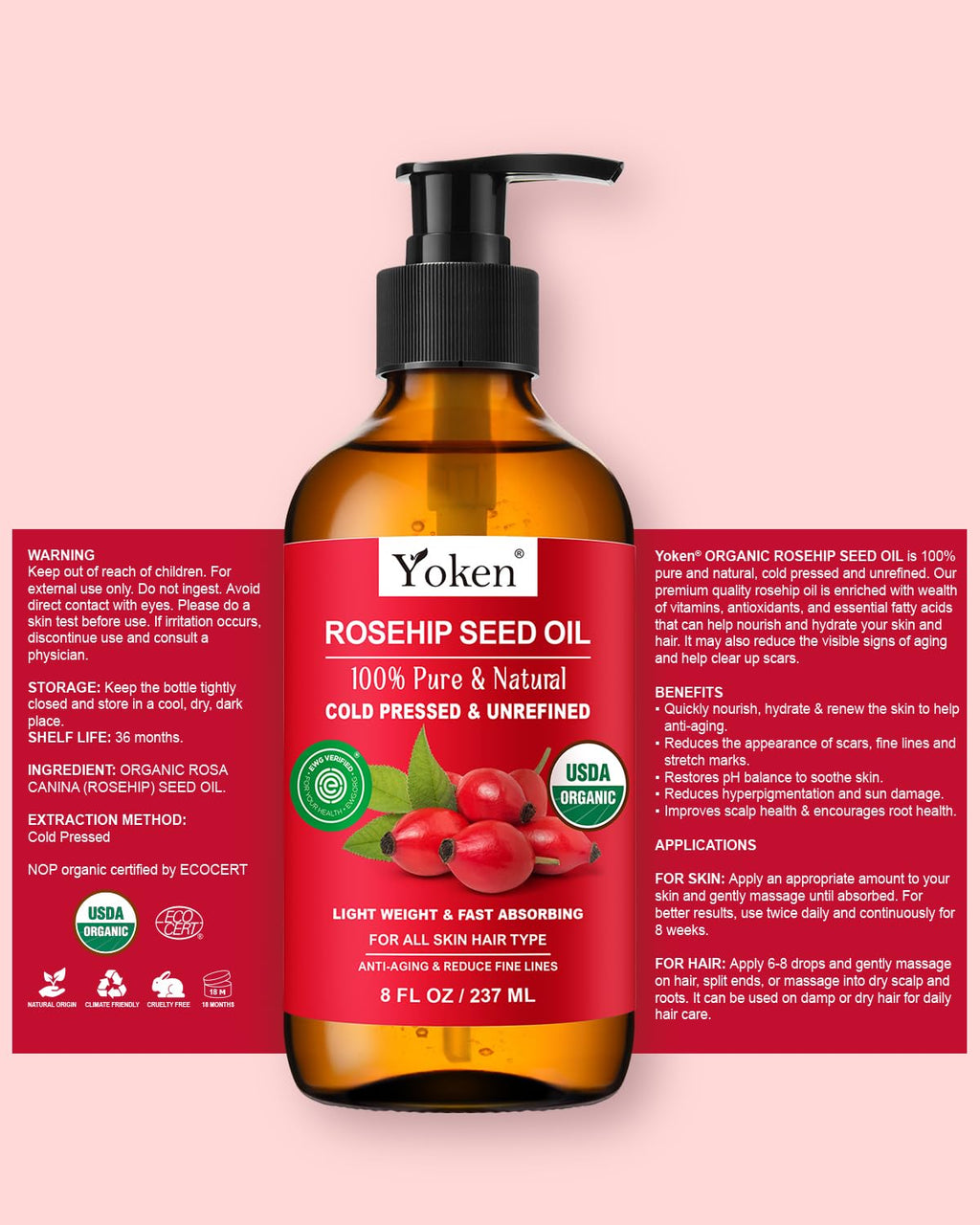 Yoken Rosehip Seed Oil Organic, USDA Certified 100% Pure Rosehip Oils for Skin & Hair, 8 fl oz Cold Pressed Rose Hip Oil for Full Body Care, Moisturizing, Gua Sha, Massage, Carrier Oil