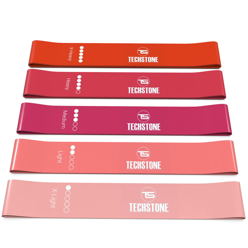 TechStone Resistance Bands Set for Men and Women, Pack of 5 Different Levels Elastic Band for Home Gym Long Exercise Workout ��� Great Fitness Equipment for Training, Yoga ��� Free Carrying Bag (Pink)