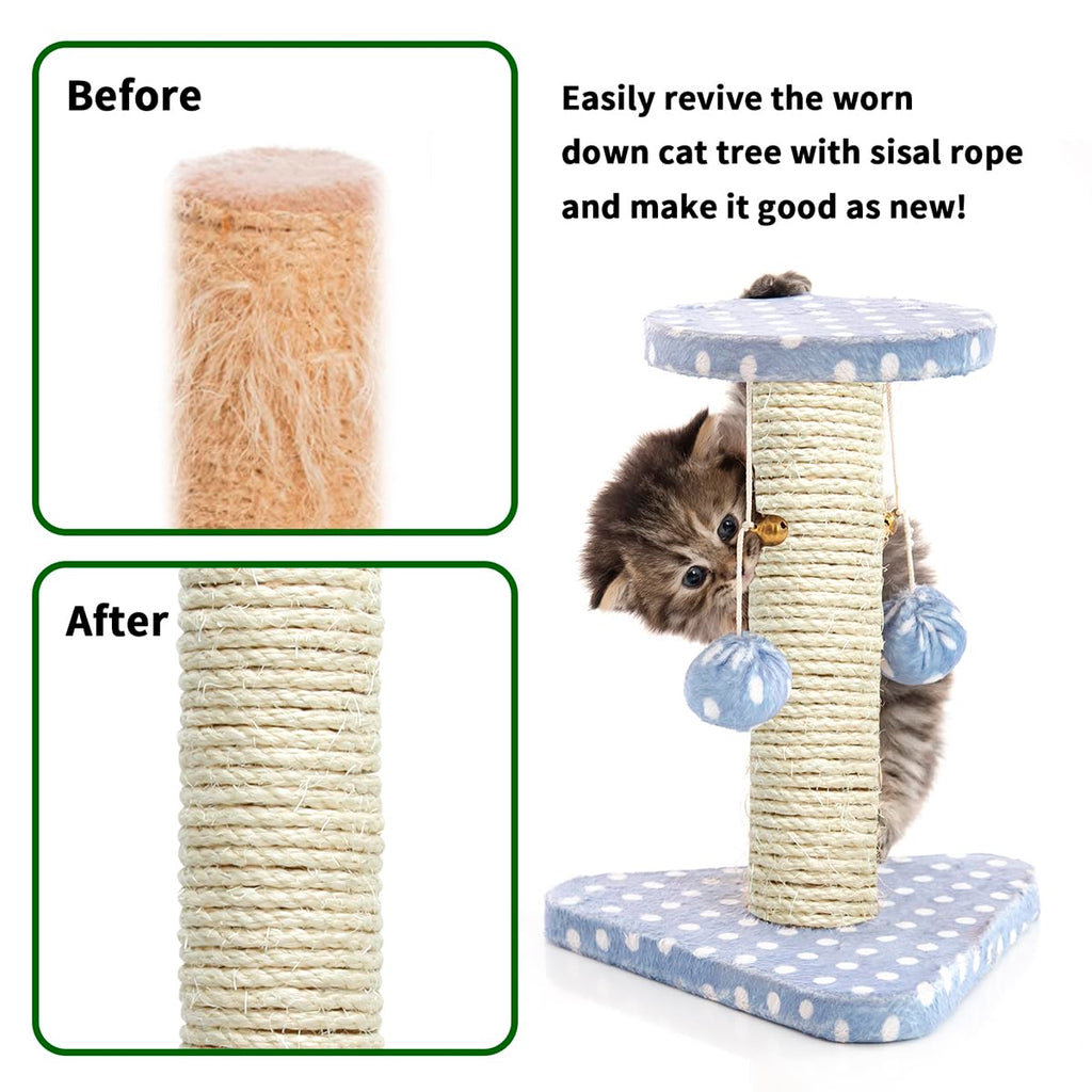 Natural Sisal Rope 1/4 Inch 6mm 98-Feet for Cat Scratching Post Tree Tower Replacement Repair and Replace, DIY Hemp Twine Rope for Cat Scratching Furniture Window Perch and Crafts Gardening