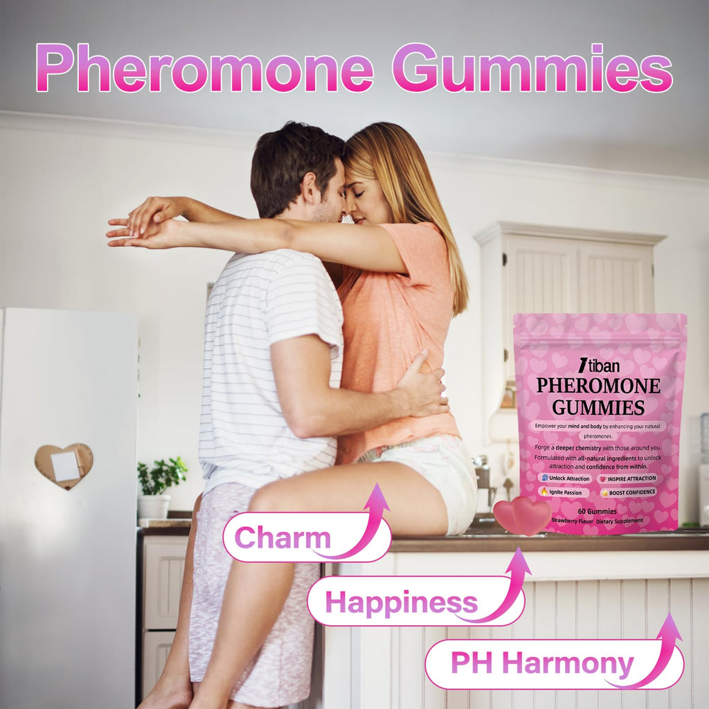 Itiban Pheromone Gummies for her, Women Slippery Elm, Enhance Charm, Supports Balance, Confidence & Social Vibe, Vegan, Non-GMO, Gluten-Free, Strawberry Flavor, 60 Gummies