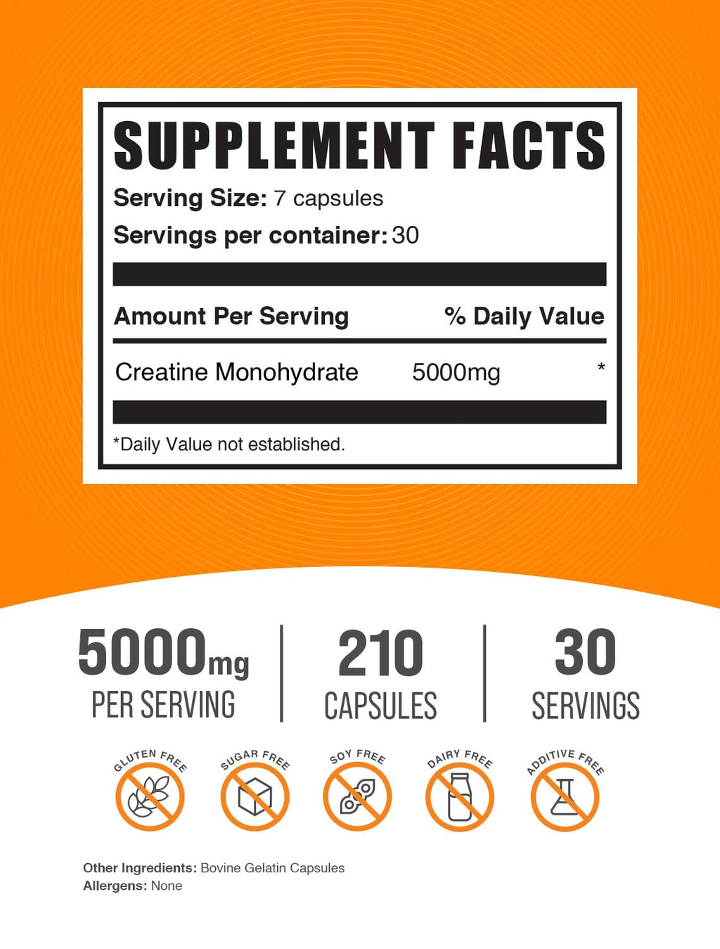 BulkSupplements.com Creatine Monohydrate Capsules - Micronized Creatine Monohydrate, Sports Nutrition - 7 Capsules per Serving, 5000mg, Gluten Free, 210 Count (Pack of 1)
