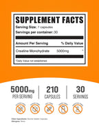 BulkSupplements.com Creatine Monohydrate Capsules - Micronized Creatine Monohydrate, Sports Nutrition - 7 Capsules per Serving, 5000mg, Gluten Free, 210 Count (Pack of 1)