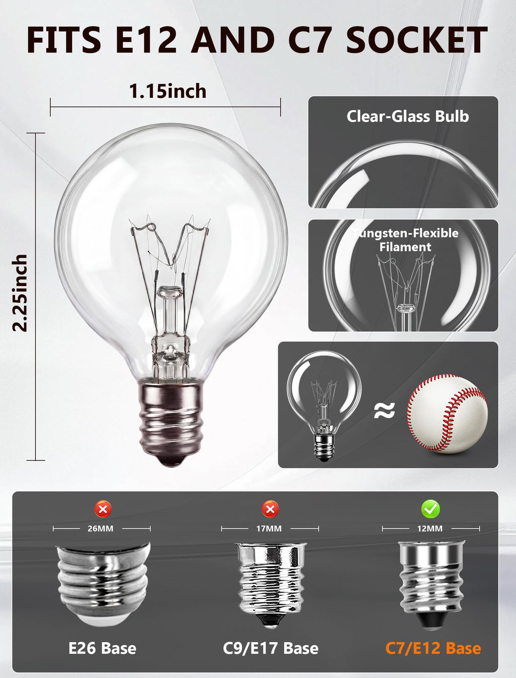 GOOTHY G40 Replacement Bulbs, 120V 5W Incandescent Light Bulbs, C7/E12 Candelabra Base, 1.5 Inch Clear Globe Replacement Light Bulbs for Outdoor String Lights Waterproof, 2200K Warm White, 25 Pack