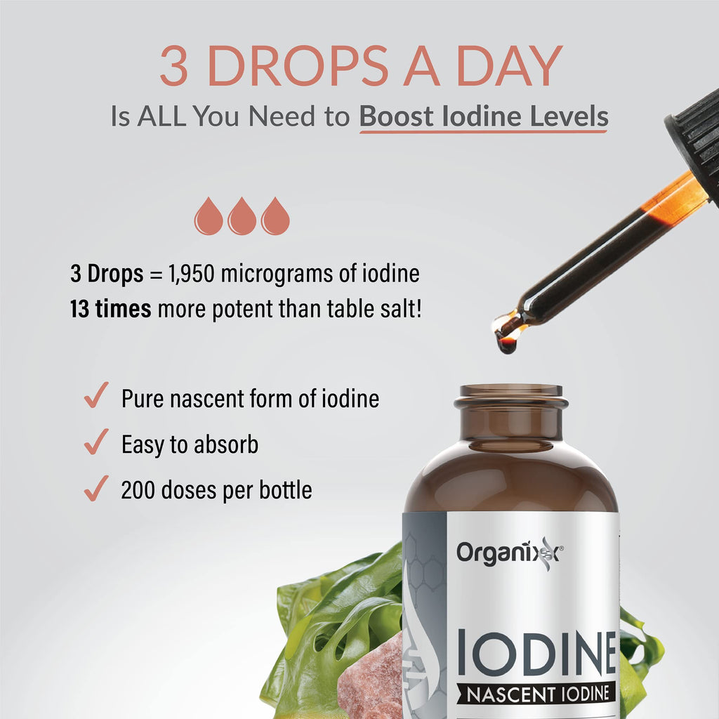 Organixx Pure Liquid Iodine Supplement Solution for Thyroid Support, Organic Drops to Support Healthy Iodine Function & Levels, Energy Levels, Hair & Skin Health, Vegan, Unflavored, 1 fl oz