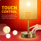 Yarra-Decor Bedside Lamp with USB Port - Touch Control Table Lamp for Bedroom Wood 3 Way Dimmable Nightstand Lamp with Round Flaxen Fabric Shade for Home Office (LED Bulb Included) (Y - NET)