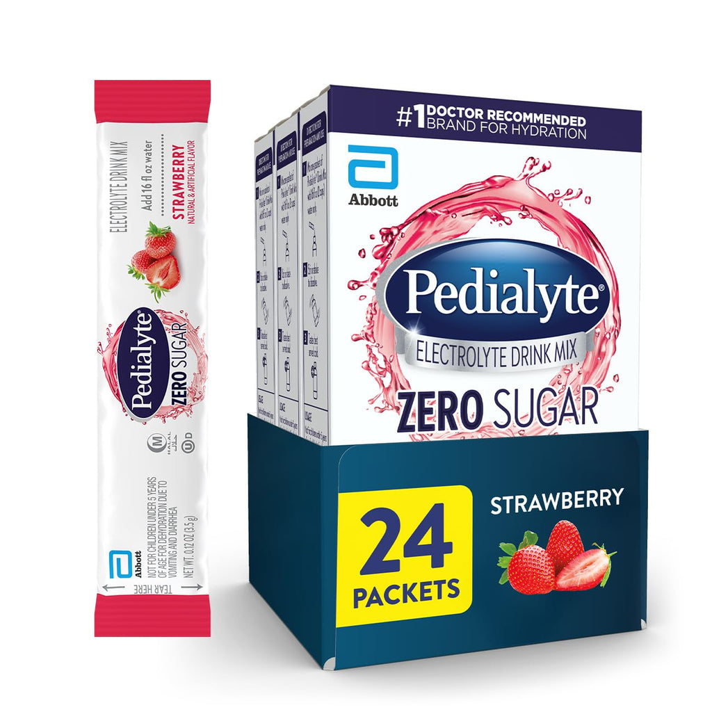 Pedialyte Electrolyte Drink Mix with Zero Sugar | Hydration with Key Electrolytes | Great Hydration Low in Calories | Strawberry, 24 Powder Packets