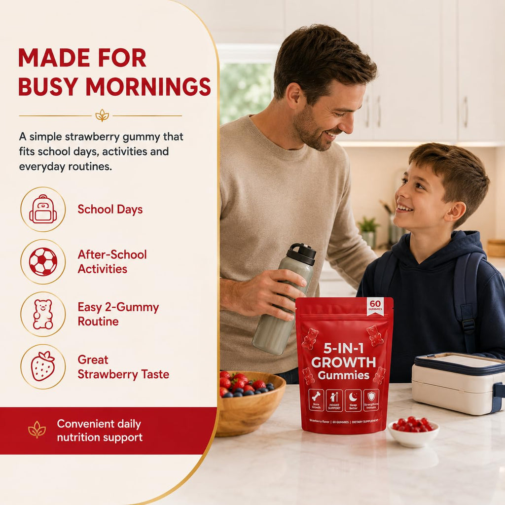 BERSEG 5-in-1 Growth Gummies, Supports Natural Height & Bone Development with Essential Amino Acids & D3, K2, Delicious Strawberry Flavor, 60-Count