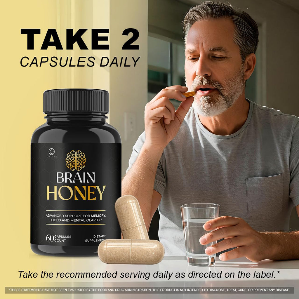 Brain Honey Capsules - Official BrainHoney Advanced Support Formula All Natural Ingredients Daily Premium Pills Vitamins for Brain Health and General Wellness, 60 Capsules for 1 Month