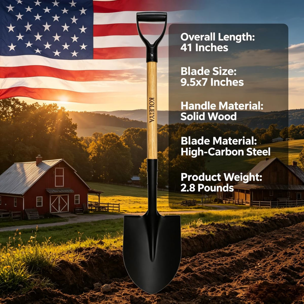 KOLEIYA 41 Inch Round Point Shovel for Digging,Heavy Duty Garden Shovel with D-Handle,Wooden Handle,Ideal for Gardening,Landscaping,Beach,and Snow Removal
