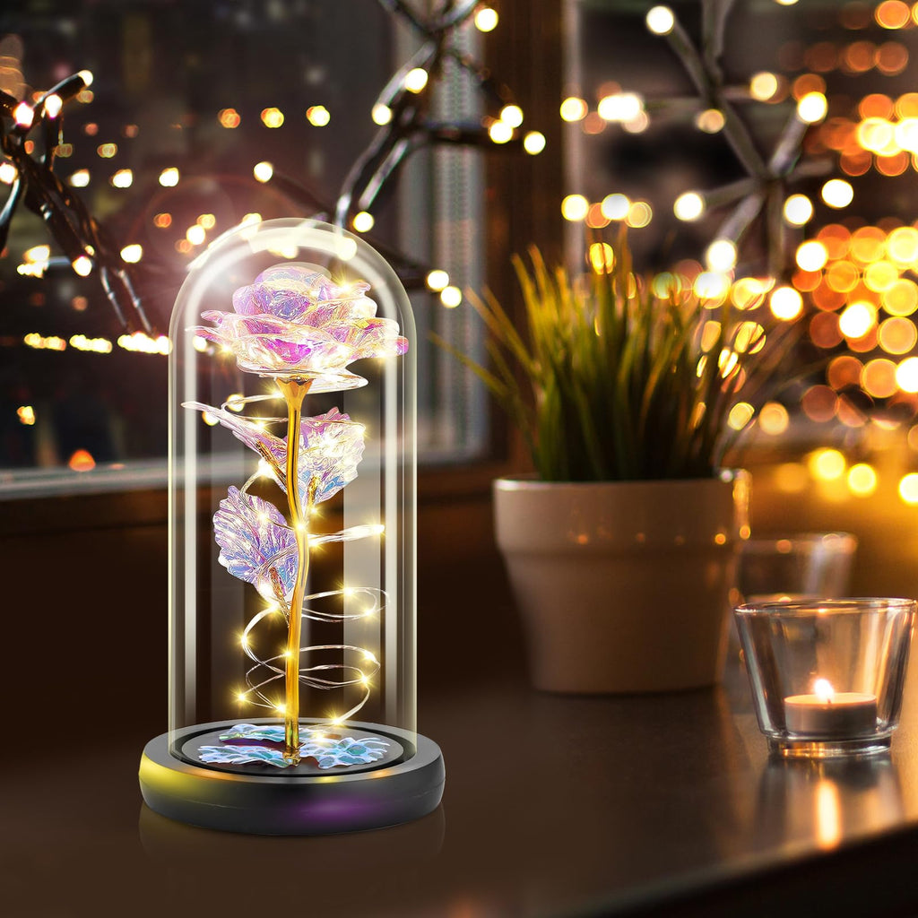 Otlonpe Forever Artificial Glass Rose Flower Lamp, Women Gifts for Birthday Christmas Valentines Mothers Day, Home Decor, Preserved 7.7'' Rose Gifts for Mom Grandma Daughter Wife Girlfriend (Rainbow)