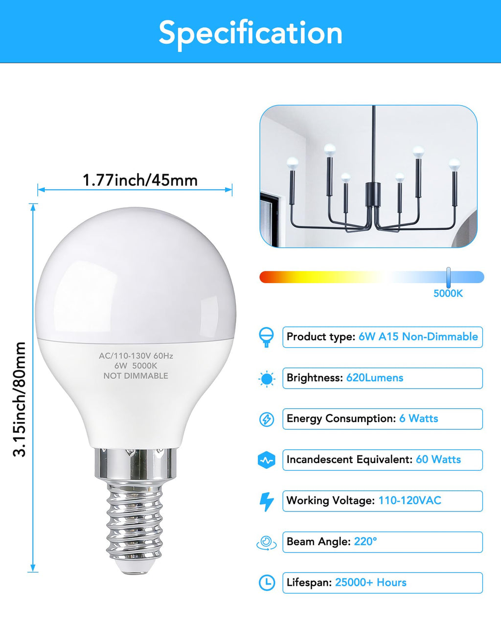A15 E12 Small Base LED Light Bulbs, 6W Non-dimmable 5000K Daylight 6 Pack