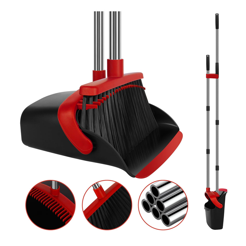 UDUK Broom and Dustpan Set, Large Household Broom with Dustpan Combo Set, 55 Inch Long Handle, Red Dust Pan Combo Set for Home