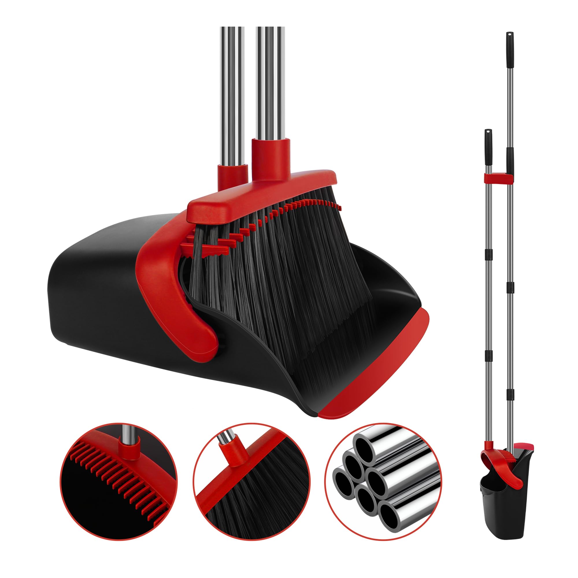 UDUK Broom and Dustpan Set, Large Household Broom with Dustpan Combo Set, 55 Inch Long Handle, Red Dust Pan Combo Set for Home