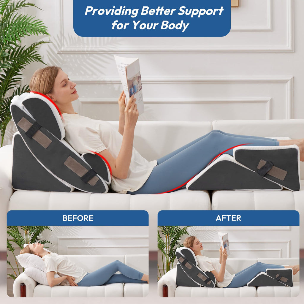 Ahpmeoa 6PCS Wedge Pillow Set for After Surgery, Bed Wedge Pillow Post Surgery, Bed Pillows for Sitting Up, Sleeping, Acid Relux, Memory Foam Back Pillow, Beds Wedges & Body Positioners, White/Grey