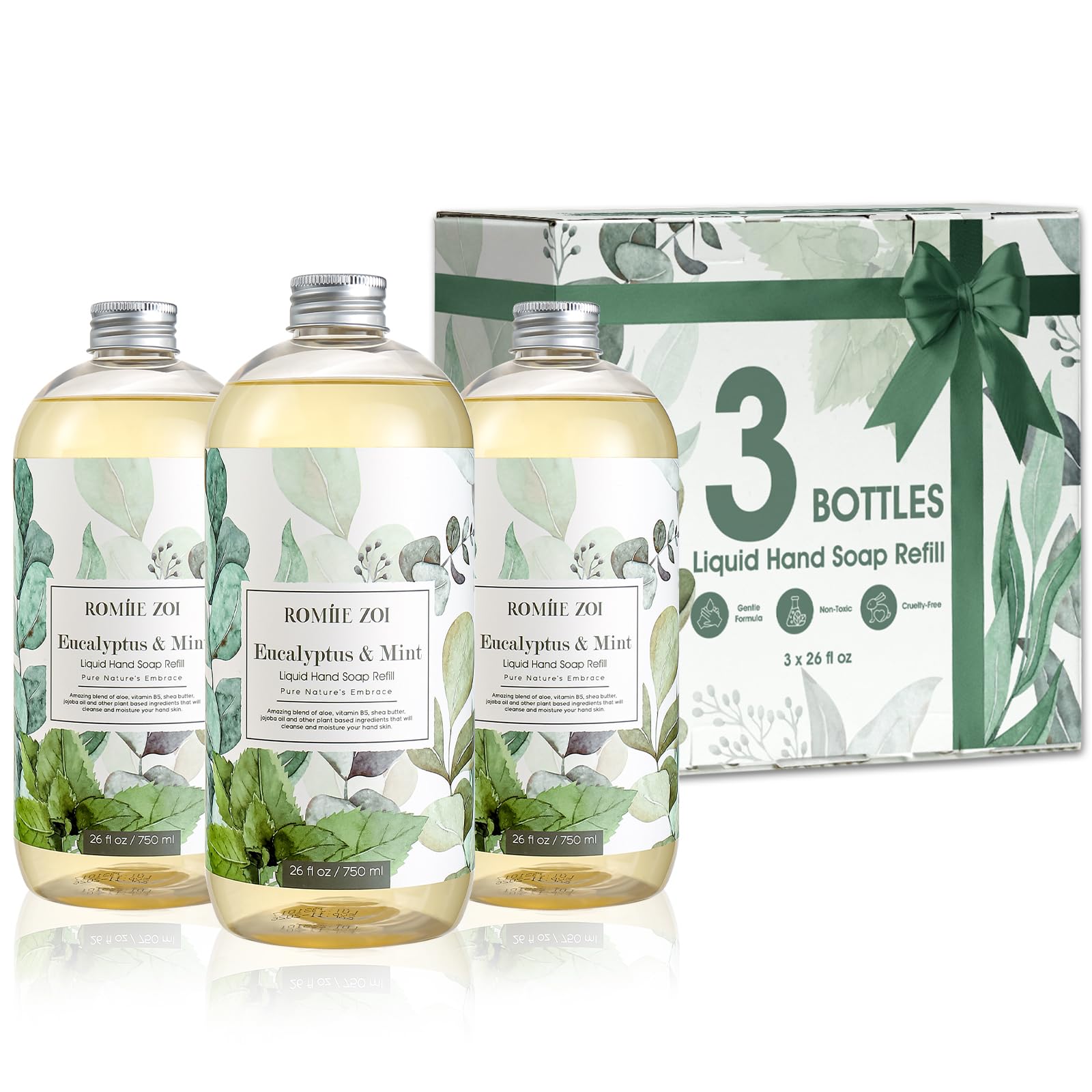 ROMIIE ZOI Eucalyptus & Mint Liquid Hand Soap Refill, Gentle & Moisturizing Formula, Natural Cruelty-Free Soap, Large 750 ML Bottles Bulk for Kitchen, Bathroom, and Dispensers (26 FL OZ, Pack of 3)