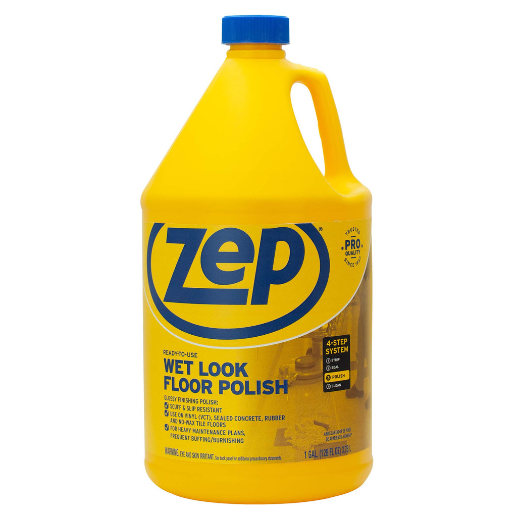 Zep Wet Look Floor Polish - 1 Gallon (Case of 2) ECZUWLFF1282 - Long Lasting Glossy Finishing Polish, Scuff & Slip Resistant, for Vinyl (VCT), Sealed Concrete, Rubber, and No-Wax Tile Floors