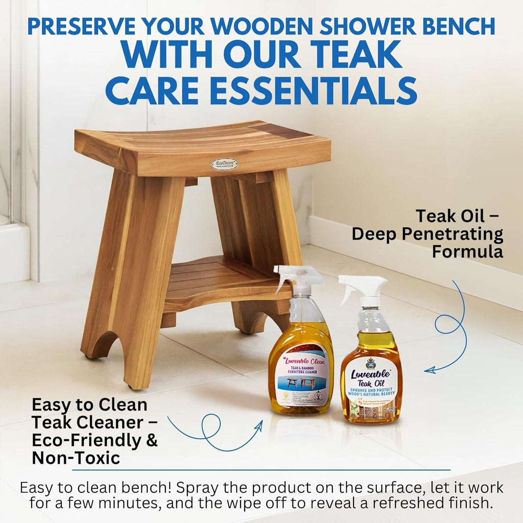 EcoDecors Teak Shower Bench 18", 300 lb Capacity – Waterproof Wood Bath Seat with Shelf, Spa Seating for Adults – Compact Fit for Small Bathrooms & Walk-in Showers – Slip-Resistant Feet