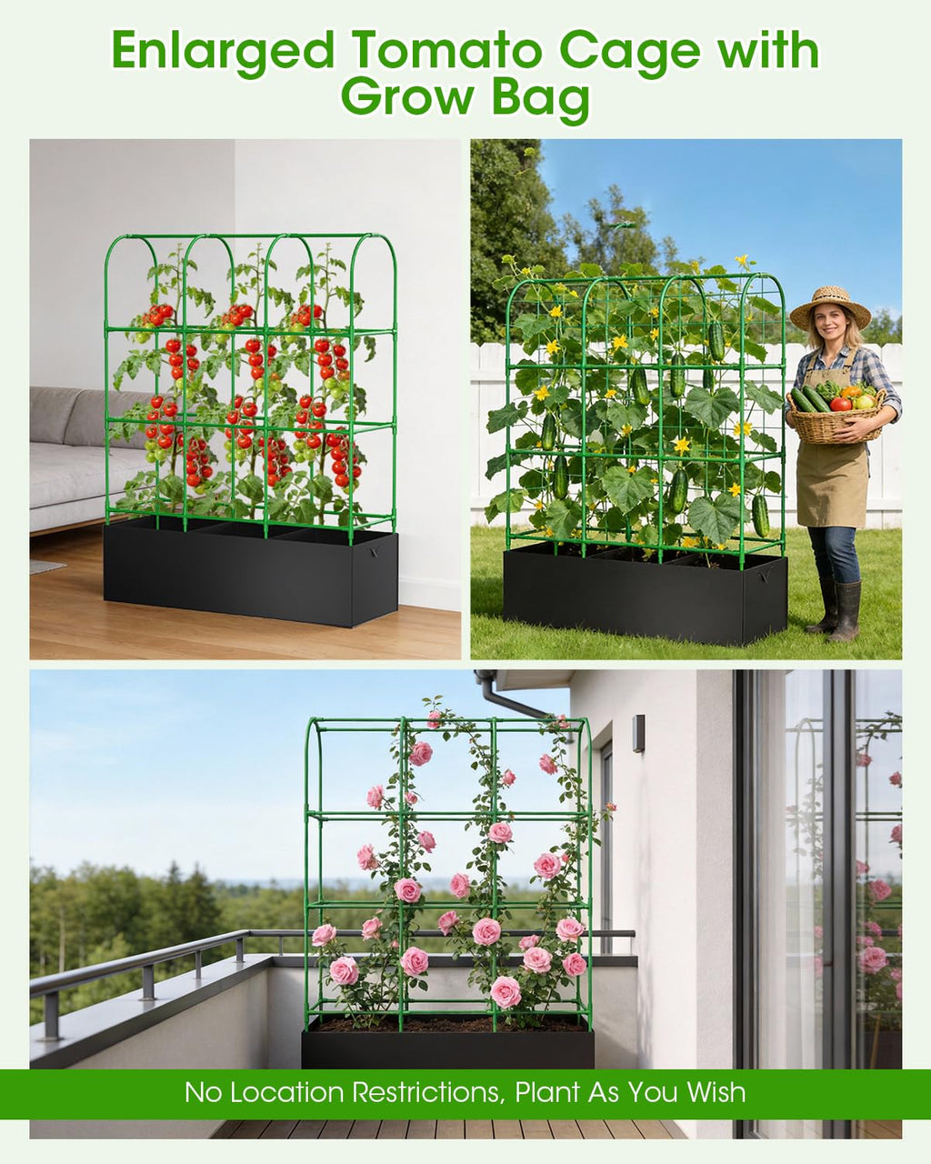 Cucumber Trellis with for Climbing Plants, Garden Trellis with Grow Bags, Metal Plant Trellis with Garden Netting for Vegetables Flowers Fruits (U-4 Arches)