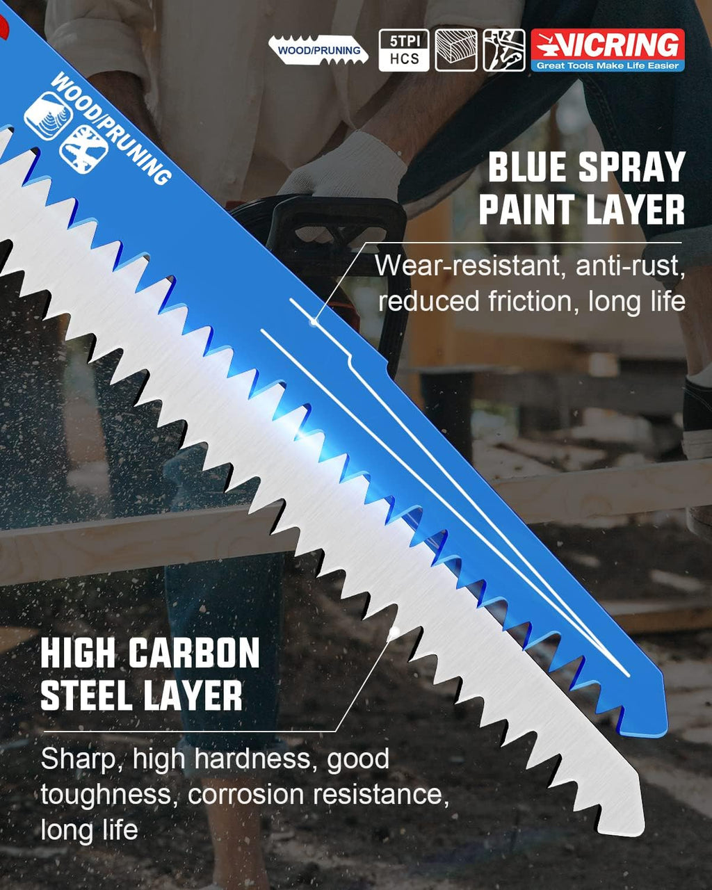 Wood Pruning Reciprocating Saw Blades 9 Inch Sawzall Blades for Trees High Carbon Steel Pruning Blade for Reciprocating Saw (10 Pack/5TPI)