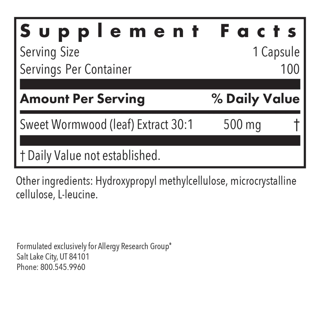 Nutricology Artemisia - 500 mg Sweet Wormwood Extract - Traditional Herbal Support - Concentrated Extract - Hypoallergenic - 100 Servings - 100 Capsules