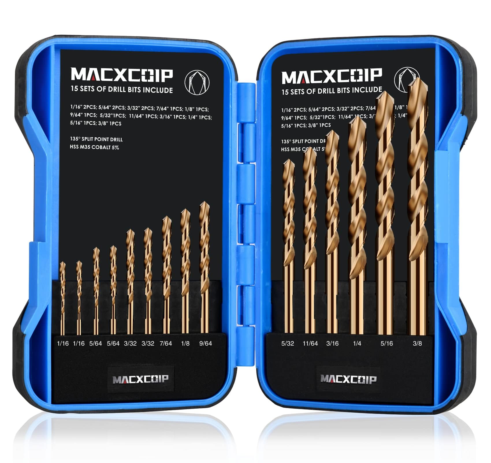 MACXCOIP Cobalt Drill Bit Set, 15Pcs M35 High Speed Steel Jobber Length Drill Bit Kit for Hardened Metal, Stainless Steel, Cast Iron, Wood and Plastic, with Index Storage Case, 1/16"-3/8"