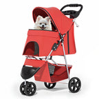 MoNiBloom 3 Wheels Pet Stroller, Foldable Puppy Cage Jogger Stroller with Weather Cover for All-Season, Storage Basket and Cup Holder, Breathable and Visible Mesh for Small/Medium Pets, Red