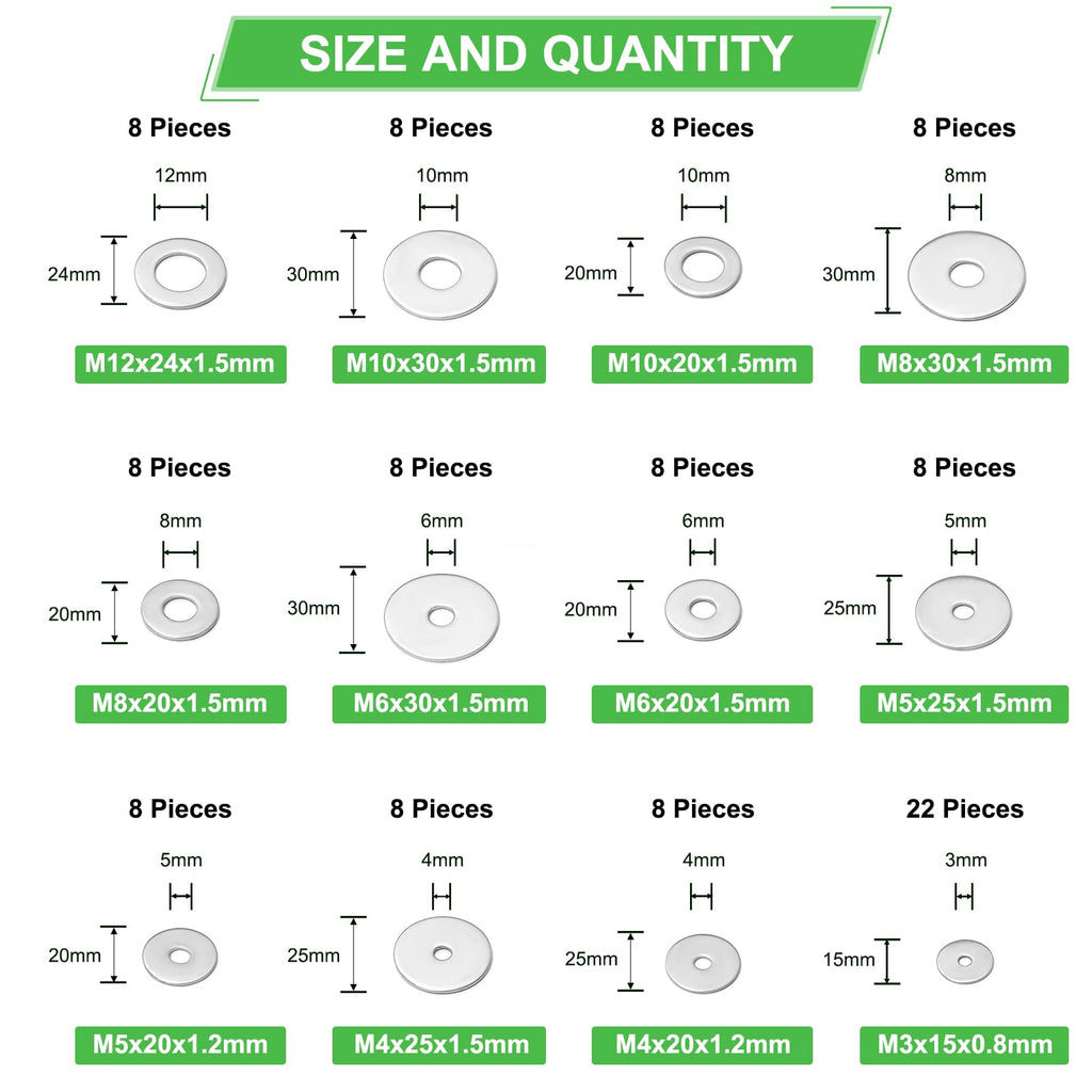 110 Pcs 304 Stainless Steel Metal Flat Washers for Screws and Bolts, Fender Washers Assortment Kit (12 Sizes M3-M12) for Automotive, Industrial & Home Use