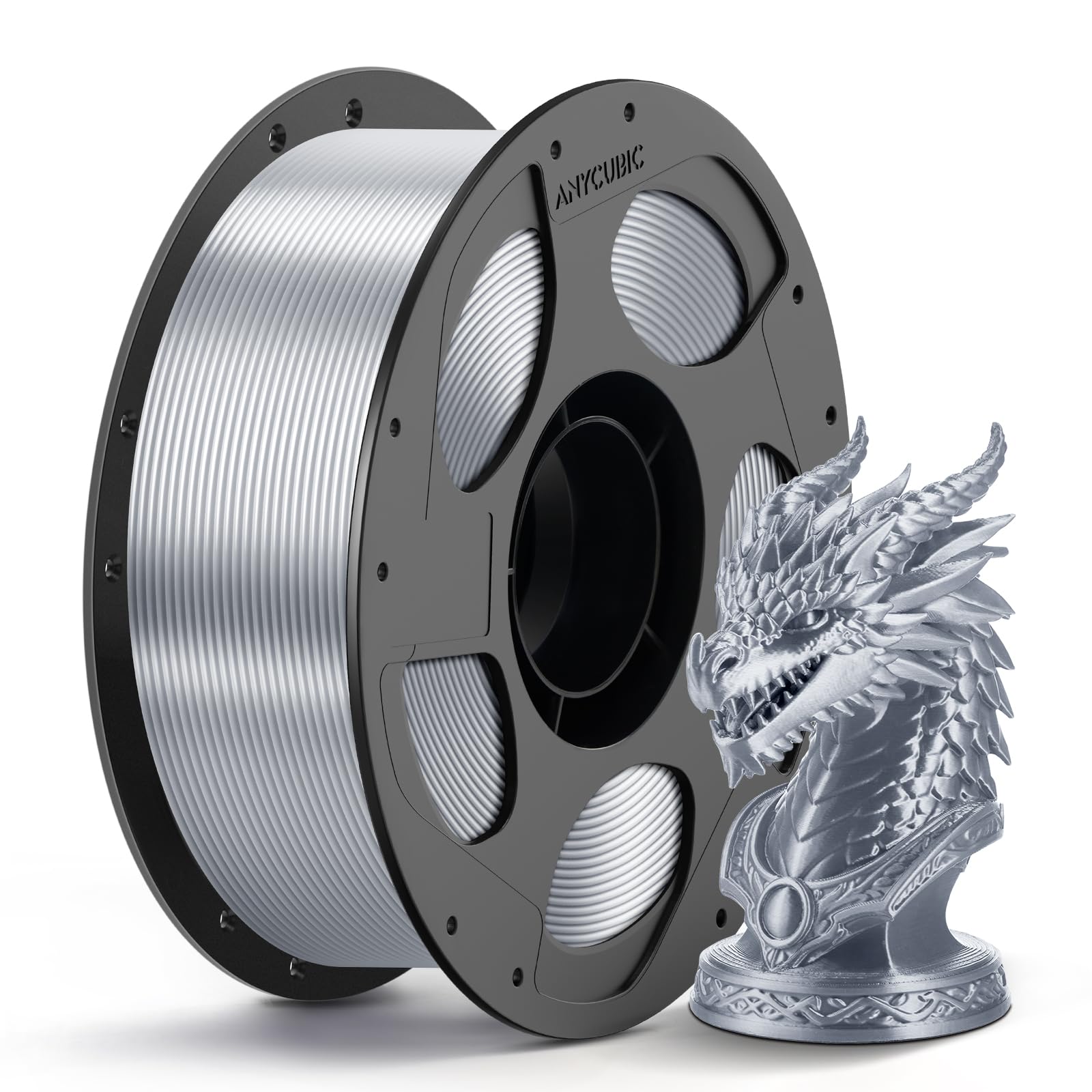 ANYCUBIC Silk Filament, Clog-Free Shiny 3D Printer PLA Filament 1.75mm Dimensional Accuracy +/- 0.02mm, 1KG Reusable Spool (2.2 lbs), Silver