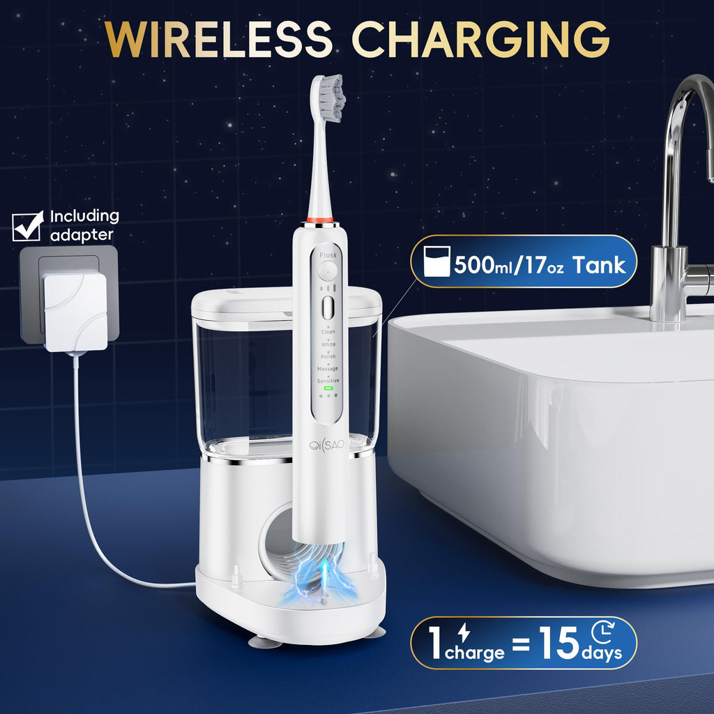OILSAO Electric Toothbrush with Water Flosser Combo in One, Professional Flossing Toothbrush for Teeth Cleaning and Flossing, Plaque Removal, Rechargeable,5 Brush Modes & 3 Flossing Speeds,500ML,White