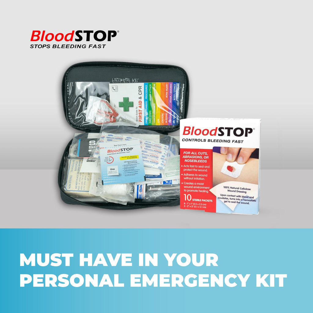 BloodSTOP-Hemostatic Dressing: Controls Bleeding Fast, Natural, Plant-Based Wound Dressing, Cuts, Road Rash, Abrasions, Nosebleeds, Bleeding Control Kit, Stop the Bleed Kit - Safe for All Ages, 10 Ct