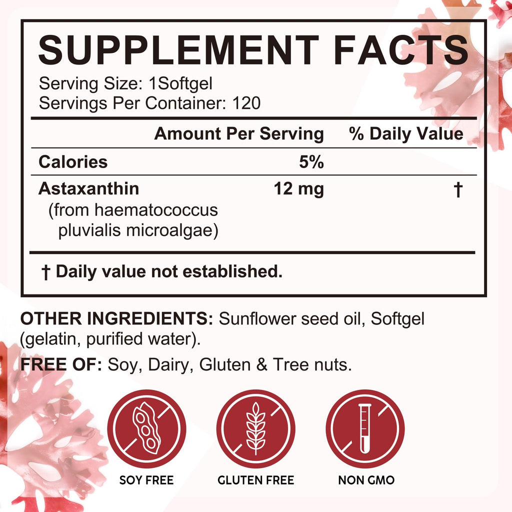 Astaxanthin Supplements 12mg 120 Softgels, Premium Astaxanthin Antioxidant Supplement, Supports Eye, Skin, Joint, Brain, Heart & Immune System Health, Fresh Microalgae Source, Non-GMO & No Gluten