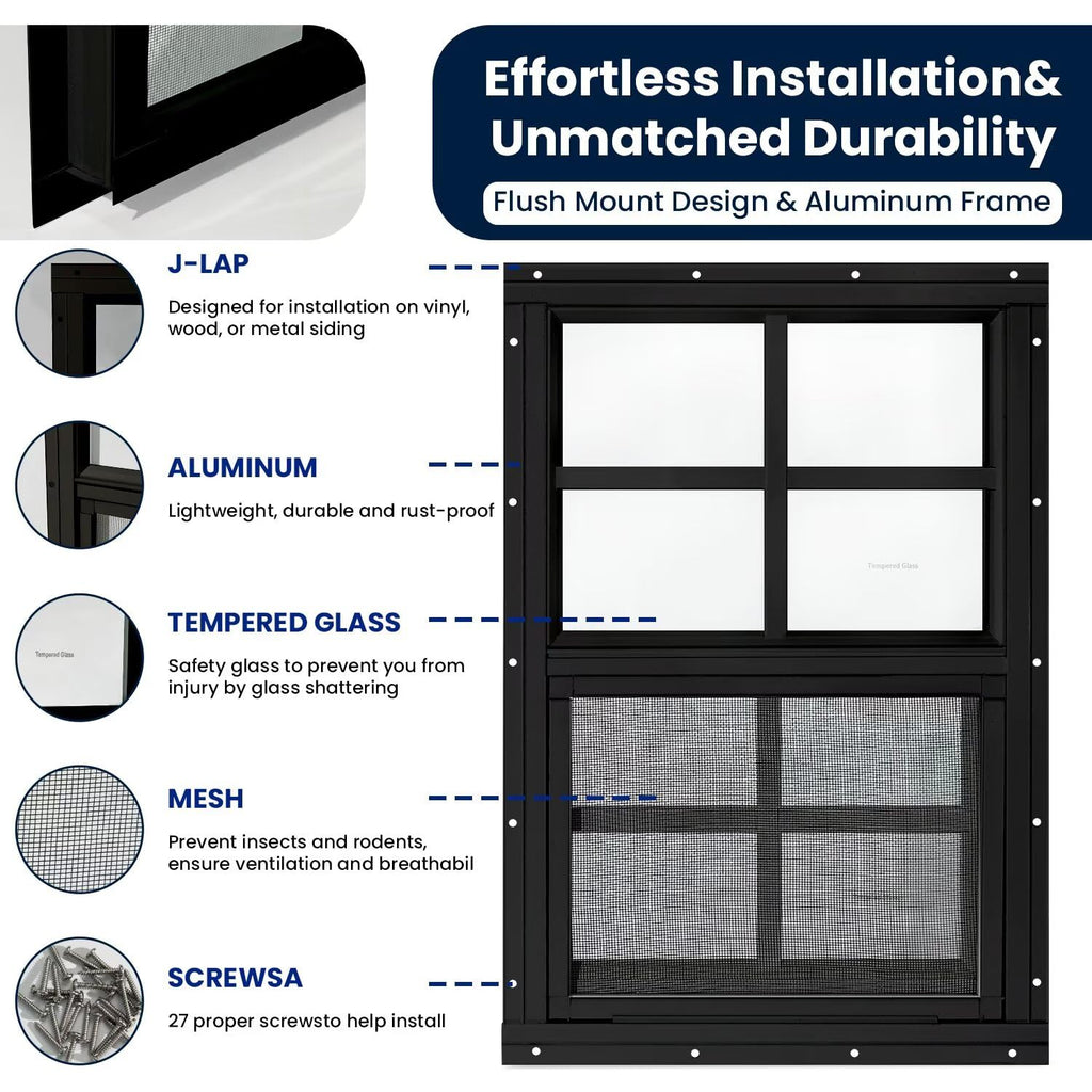 COLORPAPA 2 Pack Shed Windows,16" x 16" Small Sliding Windows,Flush Mount Windows with Tempered Glass and Fiberglass Screen for Shed, Chicken Coop, Playhouse, Household, Garage, Barns (Black)