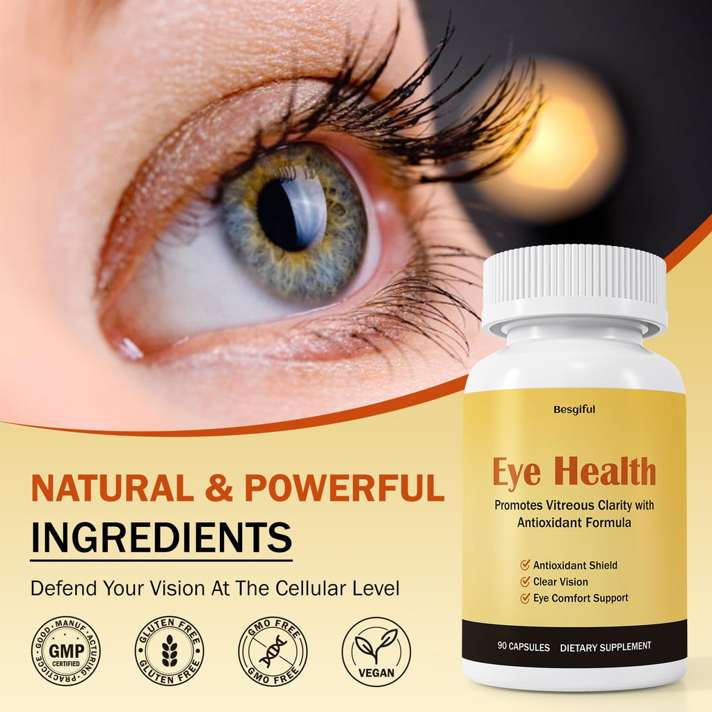 Besgiful Eye Supplement for Vitreous Health, Promotes Clear Vision, Improves Eye Strain & Dryness, Reduces Squiggly Lines, Eye Degeneration, Clear Eye Support, 90 Vegan Capsules