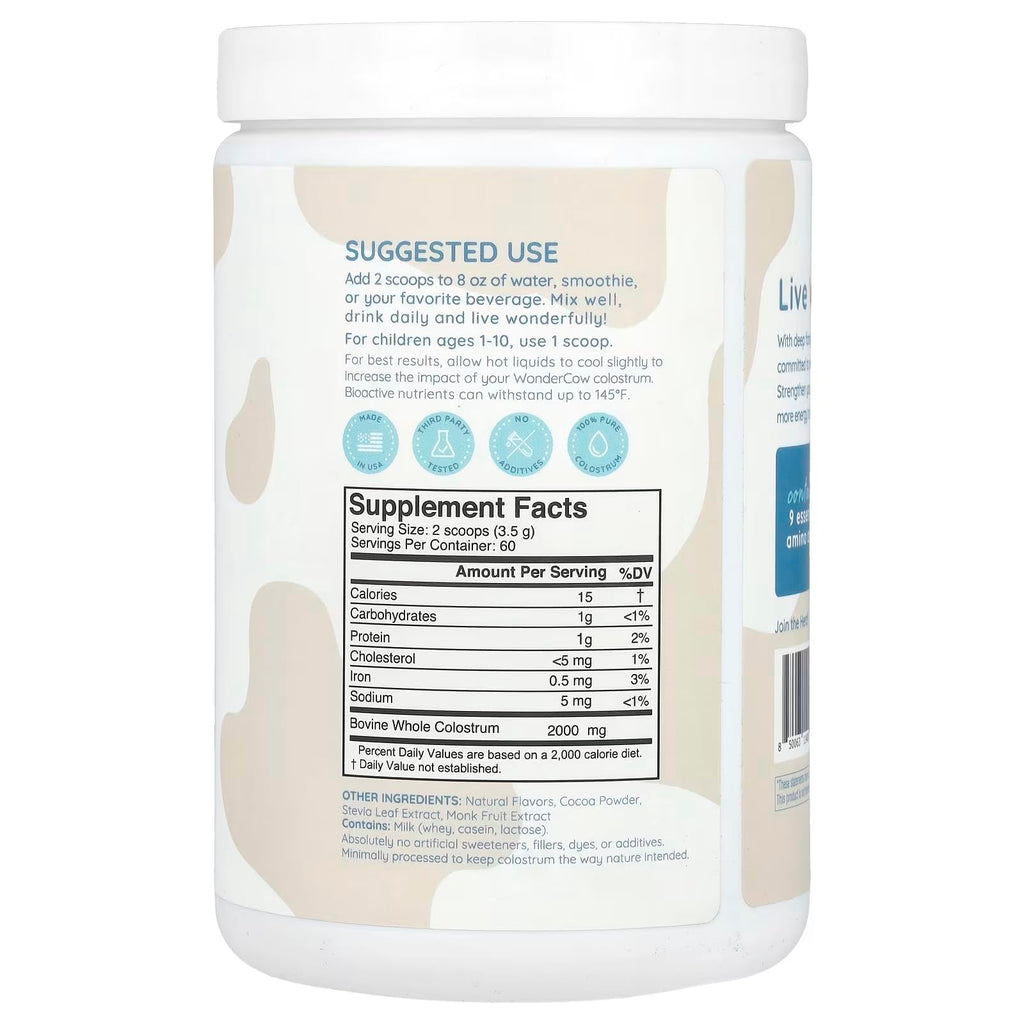 WONDERCOW Colostrum Supplement Powder for Gut Health, Immune Support & Wellness | Natural IgG Pure Whole Bovine Colostrum Superfood, Chocolate, 60 Servings