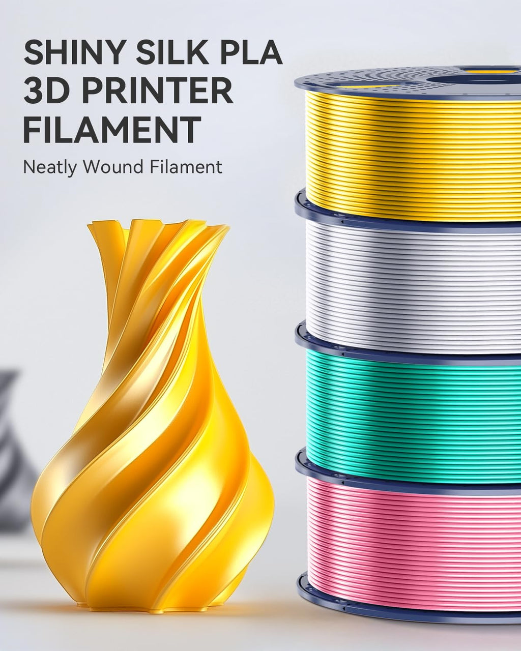 SUNLU 3D Printer Filament Bundle, PLA+ Silk Filament Multicolor 1.75mm, Individually Vacuum Packed, 250G Spool, 8 Rolls, 2kg in Total, Light Gold+Silver+Purple+Red+Orange+Yellow+Pink+Bronze