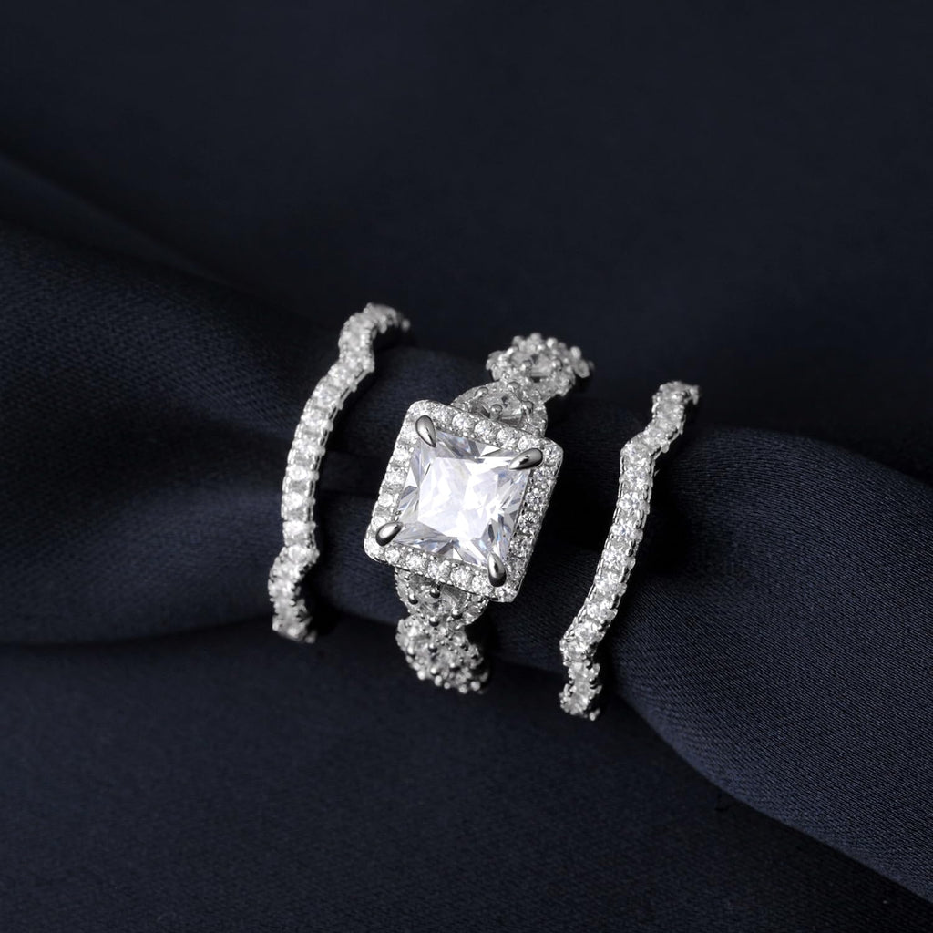 RYANEE Princess Cut Cubic Zirconia Halo Promise Engagement Ring For Women in 925 Sterling Silver, Simulated Diamond 14k White Gold Plated CZ Stackable Rings For Her, Wedding Band Bridal Ring Set 7