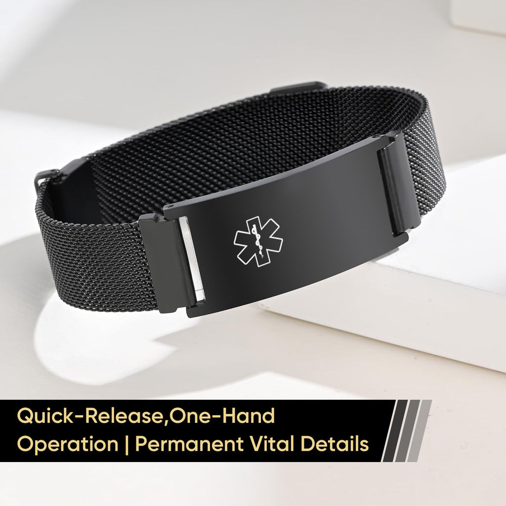 VNOX Medical Alert Id Bracelet for Men Women,Black Custom Engraving Adjustable Stainless Steel Customizable Mesh Emergency Survival Medic Bracelets Wristband Loop Band, Black